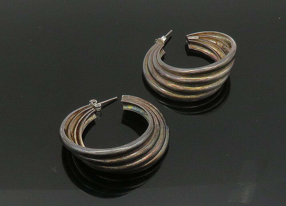 925 Sterling Silver  Vintage Dark Tone Fluted Round Hoop Earrings  EG10377