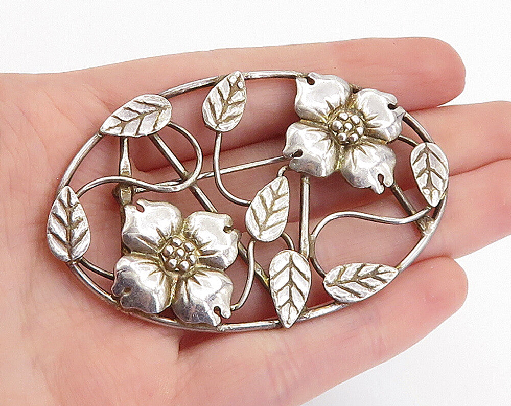 MEXICO 925 Sterling Silver  Vintage Floral Leaf Vine Oval Brooch Pin  BP2504