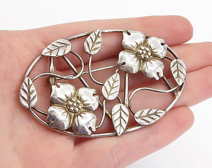 MEXICO 925 Sterling Silver  Vintage Floral Leaf Vine Oval Brooch Pin  BP2504