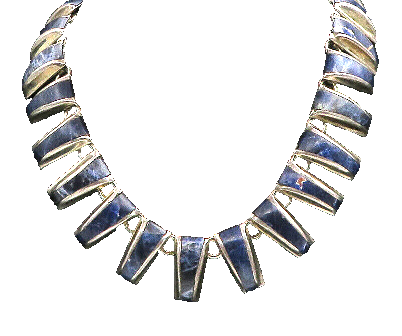 MEXICO 925 Sterling Silver Vintage Inlaid Stone Solid Chain Necklace  NE3751
