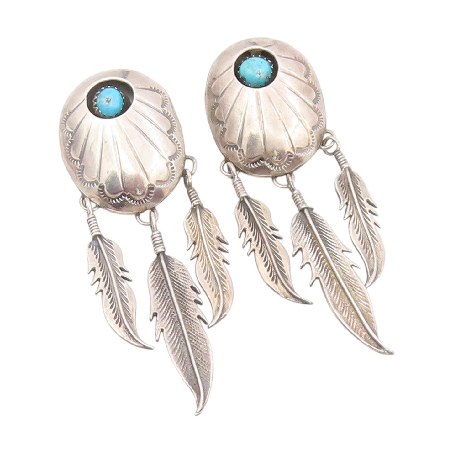 925 Sterling Silver Vintage Earrings NAVAJO Turquoise Concho Feathers  EG13990