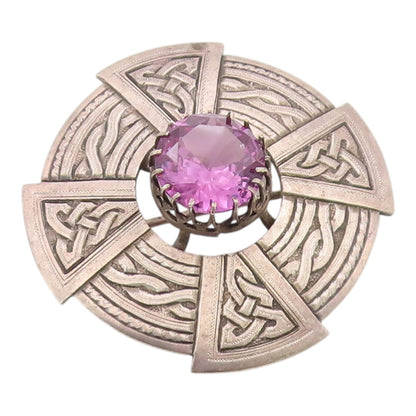 925 Sterling Silver Vintage Brooch Pin Amethyst Celtic Knotwork Shield  BP12570