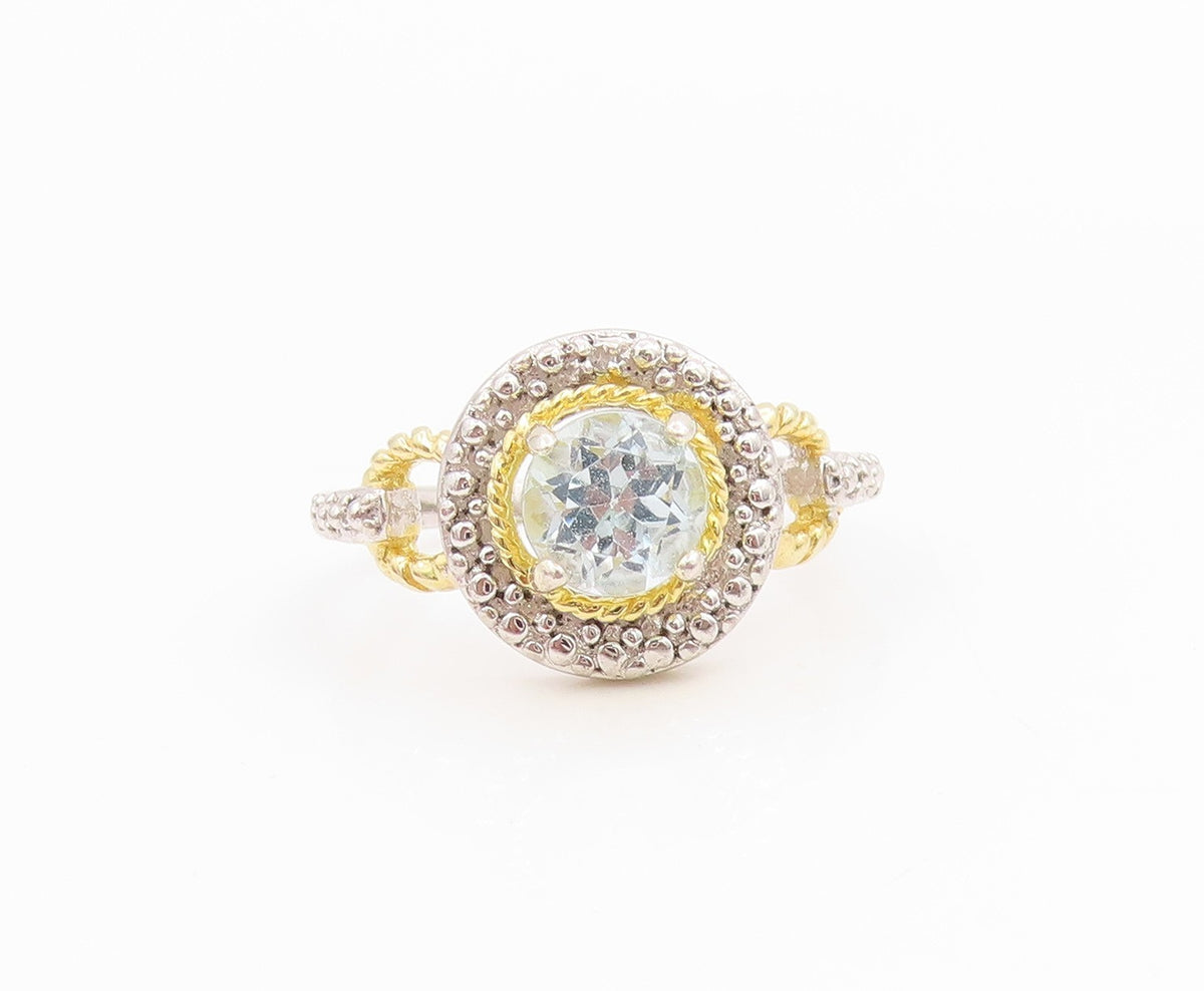 925 Sterling Silver Vintage Ring Classic Two Tone Blue Topaz Band  Sz 7  RG35935