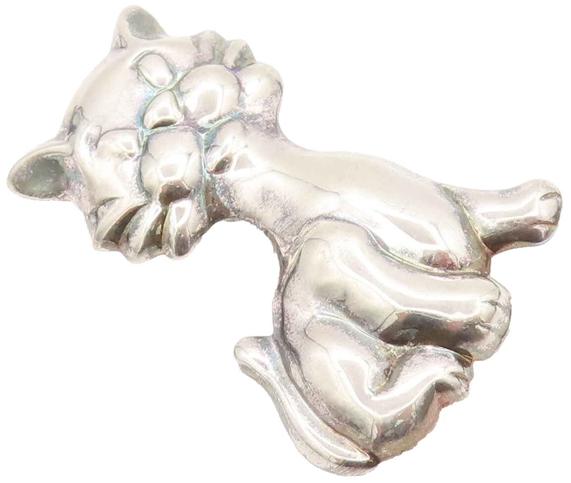 925 Sterling Silver  Vintage Solid Large Puffy Happy Cat Brooch Pin  BP10365