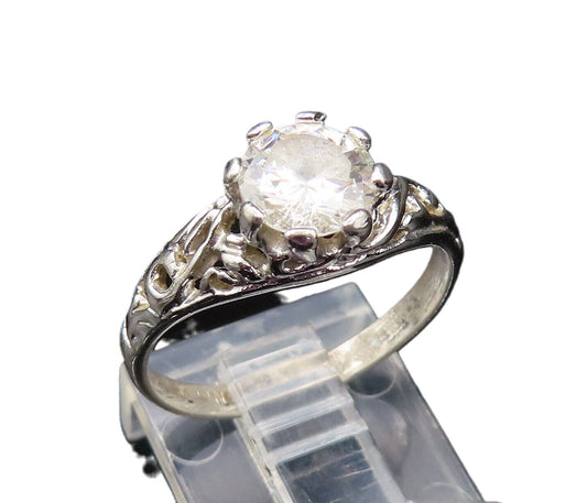 925 Sterling Silver  Vintage Open Swirl Cutout Topaz Ring Sz 7.5  RG25652