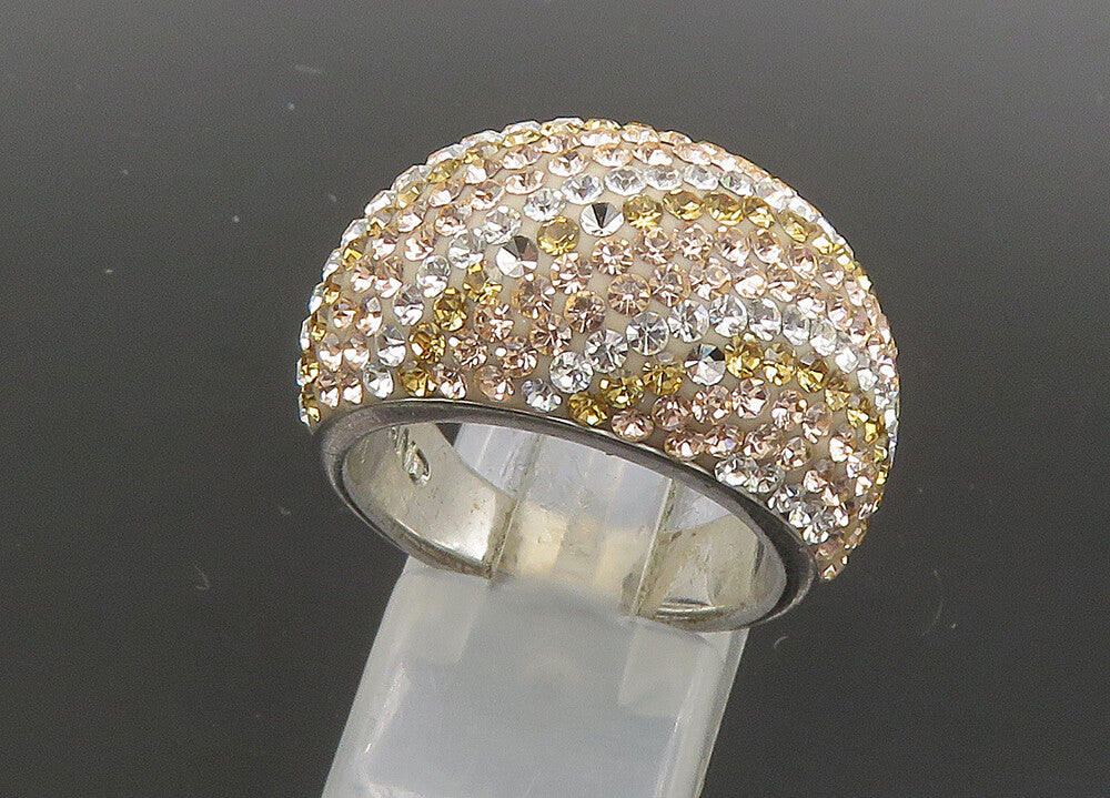 JACMEL 925 Silver  Vintage Shiny Crystal Striped Dome Band Ring Sz 8  RG21954