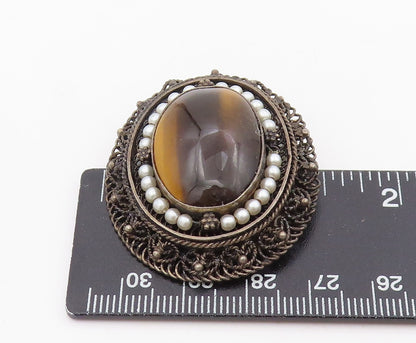 925 Sterling Silver Vintage Brooch Cabochon Tiger's Eye & Pearl Pin  BP12091