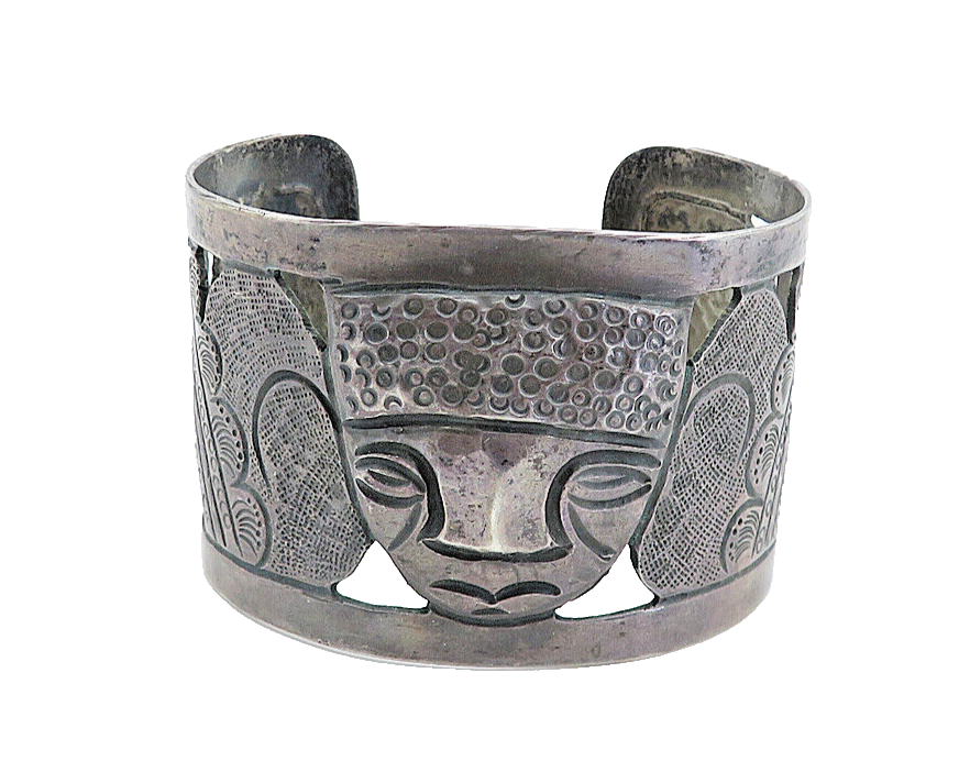 925 Sterling Silver Vintage Antique Oxidized Carved Face Cuff Bracelet BT2059