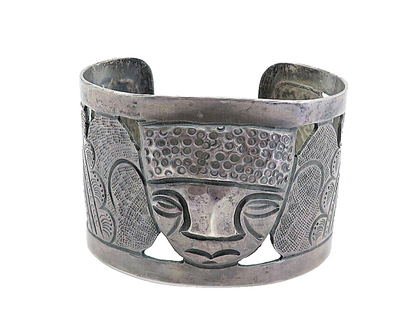 925 Sterling Silver Vintage Antique Oxidized Carved Face Cuff Bracelet BT2059