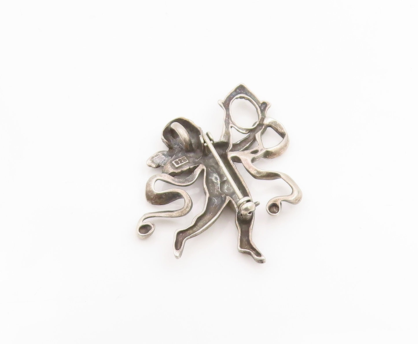 925 Sterling Silver Vintage Brooch Winged Cherub With Swirling Ribbons   BP11984