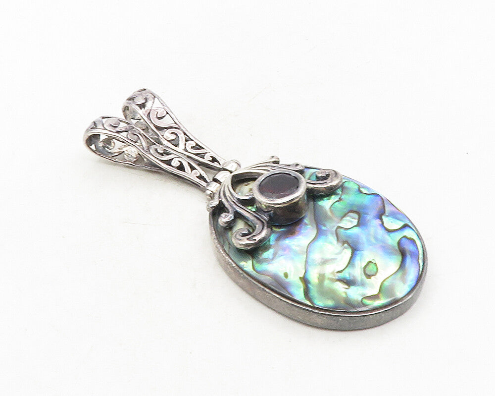 925 Sterling Silver  Vintage Abalone & Garnet Split Swirl Bail Pendant  PT7707