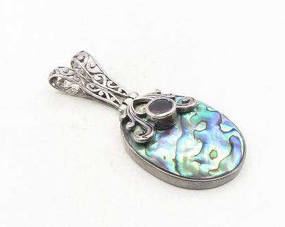 925 Sterling Silver  Vintage Abalone & Garnet Split Swirl Bail Pendant  PT7707