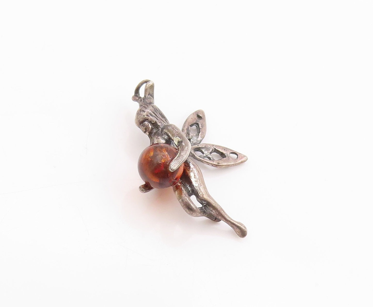 925 Sterling Silver Vintage Pendant Amber Guardian Fairy Angel Charm  PT24860