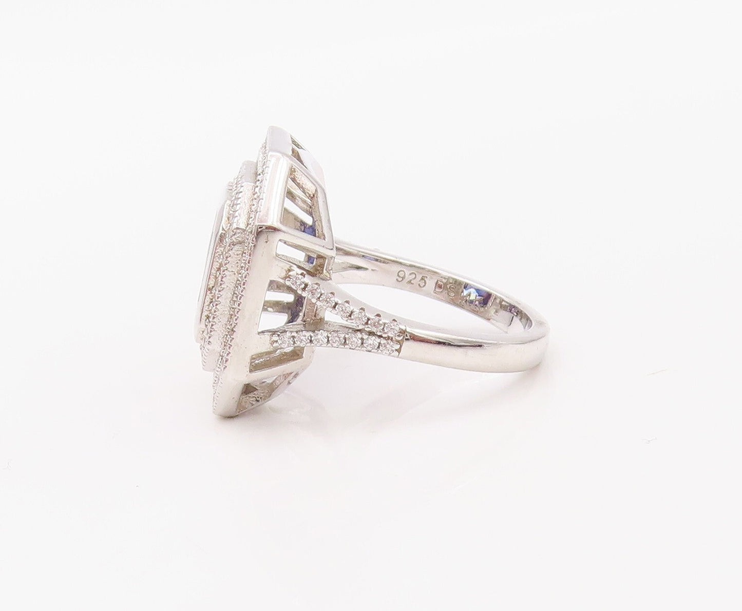 925 Sterling Silver Vintage Ring Square Sapphire Halo CZ Bands  Sz 7  RG30786