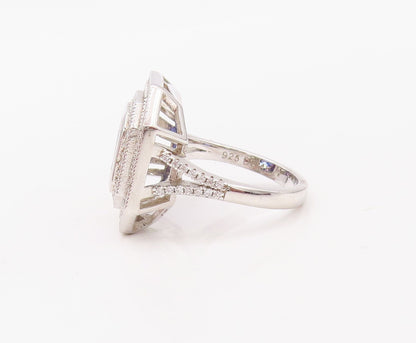 925 Sterling Silver Vintage Ring Square Sapphire Halo CZ Bands  Sz 7  RG30786
