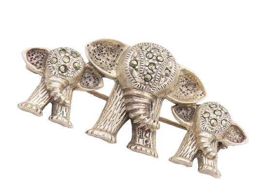 925 Silver  Vintage Elephant Mama With 2 Babies Marcasite Brooch Pin  BP10354