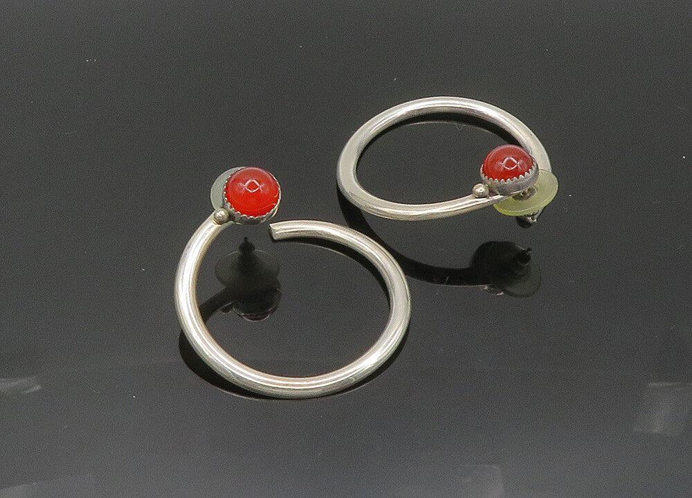 925 Sterling Silver  Vintage Cabochon Carnelian Round Hoop Earrings  EG10006