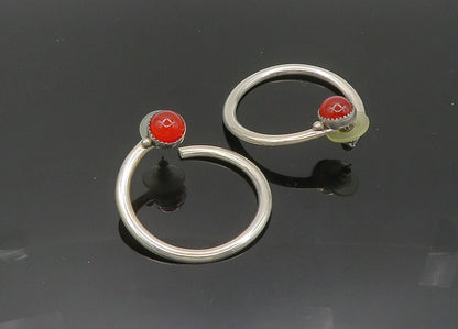 925 Sterling Silver  Vintage Cabochon Carnelian Round Hoop Earrings  EG10006