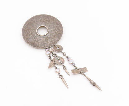925 Sterling Silver Vintage Brooch Pin ROPER Pearl Geometric Dangle  BP12432