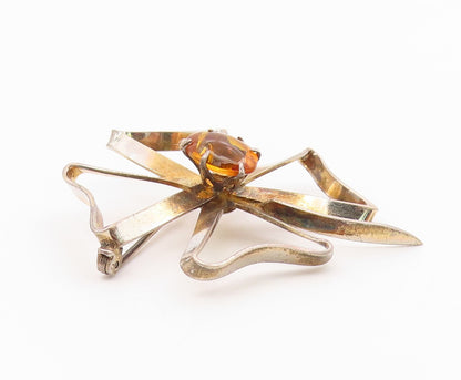 925 Sterling Silver  Vintage Citrine Ribbon Flower Shiny Brooch Pin  BP4975