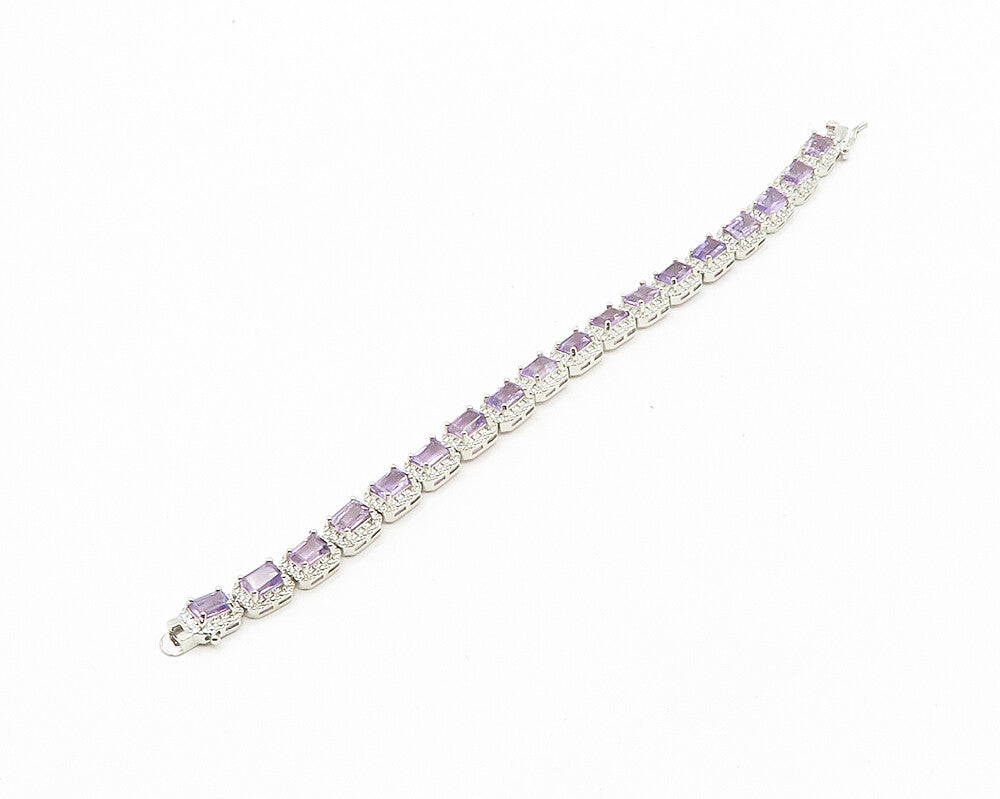 925 Sterling Silver  Prong Set Shiny Amethyst Hinge Chain Bracelet  BT7353