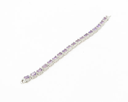 925 Sterling Silver  Prong Set Shiny Amethyst Hinge Chain Bracelet  BT7353
