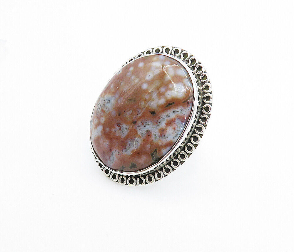 925 Sterling Silver  Jasper Shiny Swirl Border Cocktail Ring Sz 9  RG7997