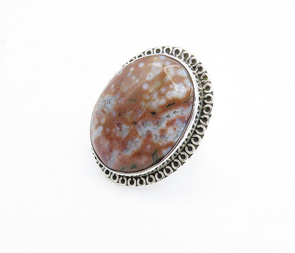 925 Sterling Silver  Jasper Shiny Swirl Border Cocktail Ring Sz 9  RG7997