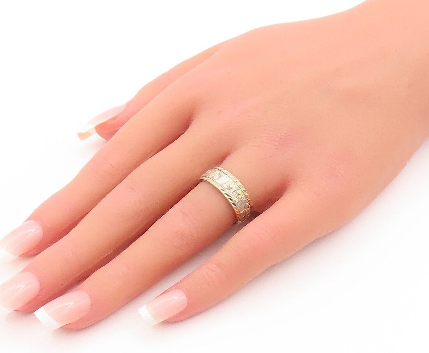 18k Gold 925 Sterling Silver Vintage Ring Solid Dented Carved  Sz 7  RG28482