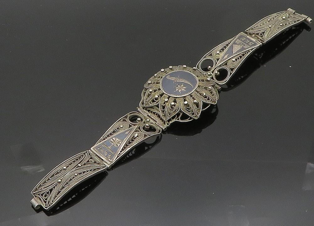 925 Sterling Silver Vintage Bracelet EAST EUROPE Antique Enamel Filigree BT12091