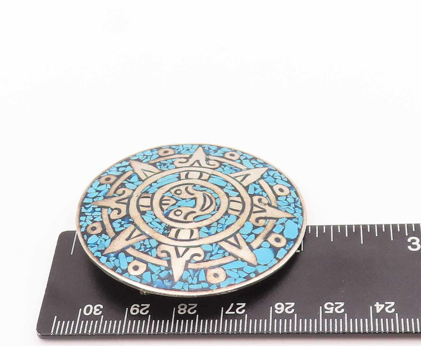 925 Sterling Silver Vintage Brooch Pin MEXICO Crushed Larimar Celtic Sun BP11055