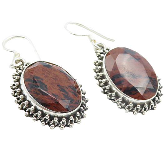 925 Sterling Silver  Vintage Faceted Red Jasper Oval Dangle Earrings  EG3293