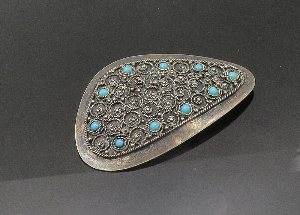 ISRAEL 925 Silver  Vintage Antique Turquoise Ornate Twist  Brooch Pin  BP8690