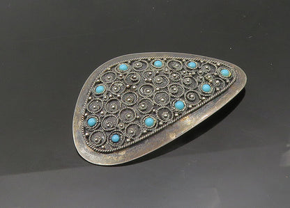 ISRAEL 925 Silver  Vintage Antique Turquoise Ornate Twist  Brooch Pin  BP8690