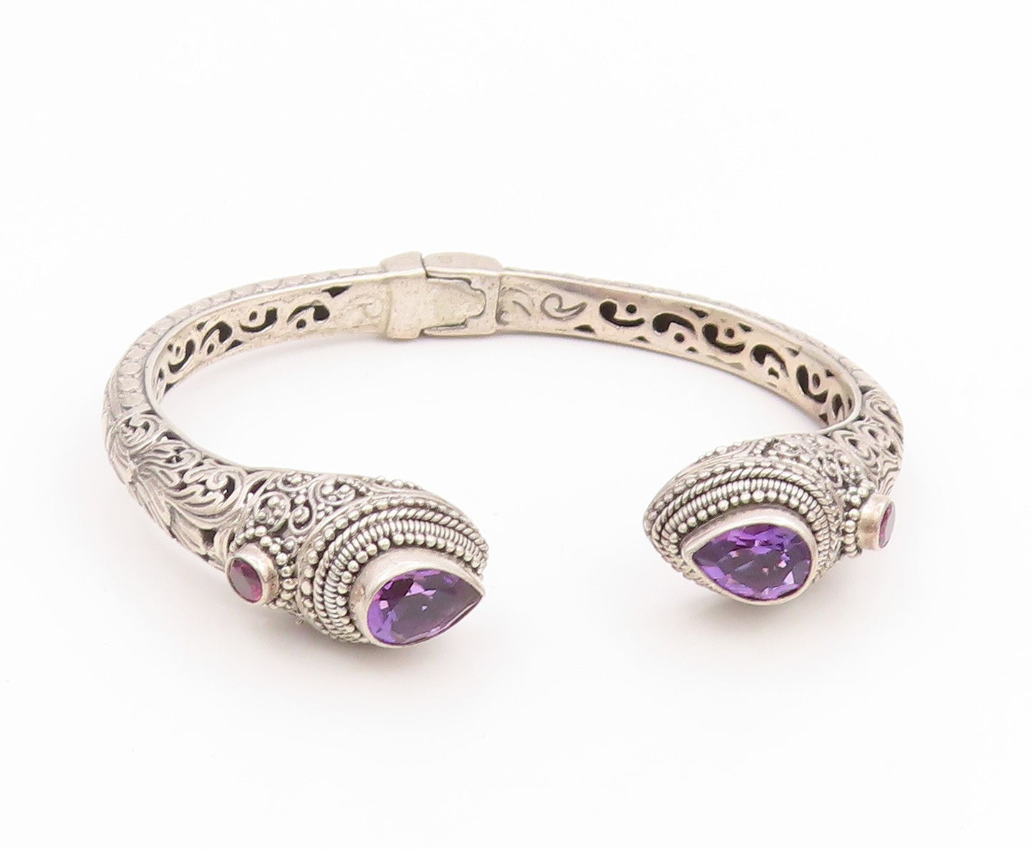 925 Sterling Silver Vintage Bracelet SARDA Amethyst Scrollwork Cuff  BT11768