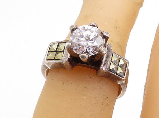 925 Silver  Vintage Cubic Zirconia & Marcasite Solitaire Ring Sz 6  RG5058