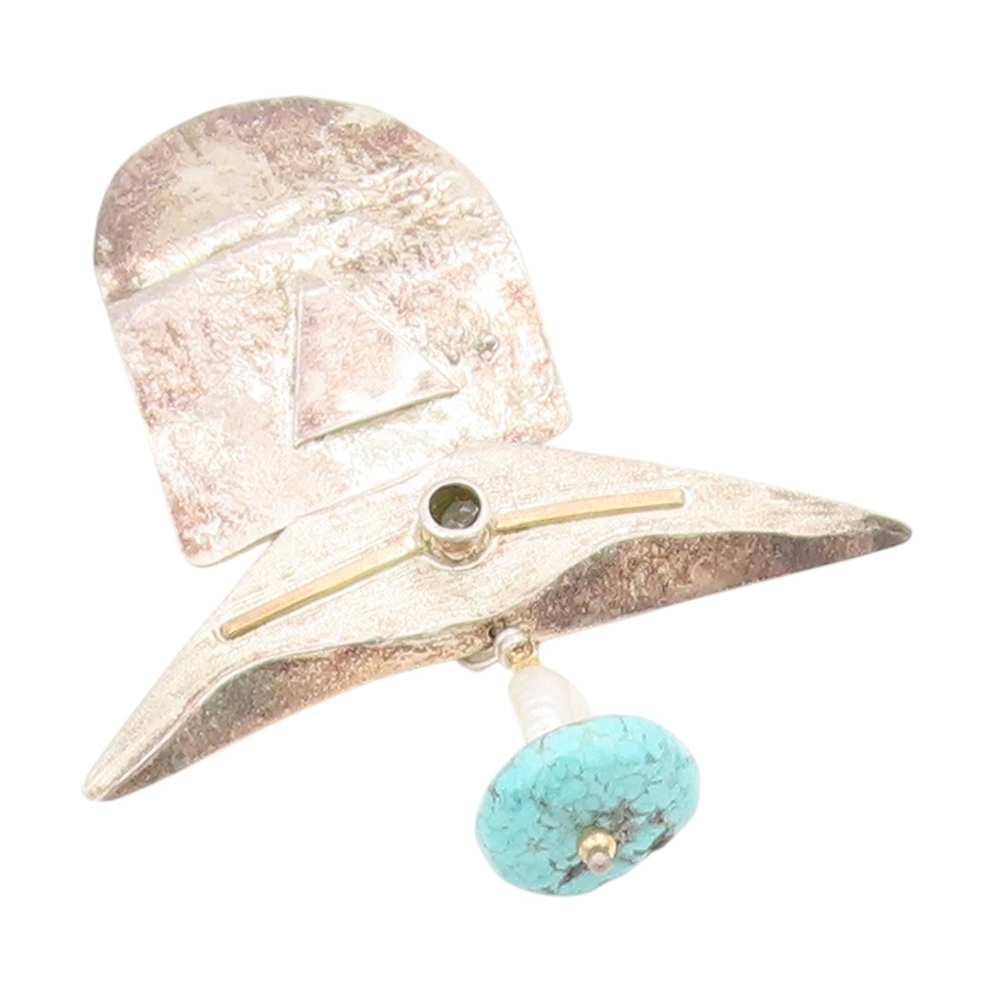 14k Gold & 925 Sterling Silver Vintage Brooch Modernist Turquoise Drop  BP12213
