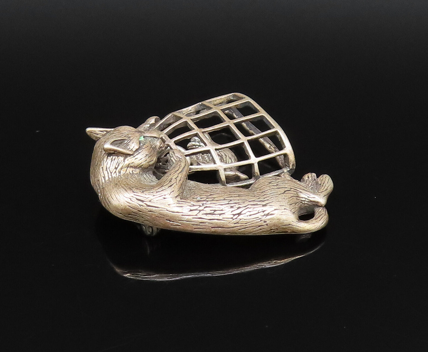 JEZLAINE 925 Silver  Vintage Carved Cat With Bird Cage Brooch Pin  BP9785