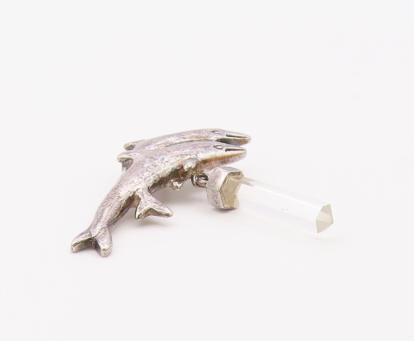 925 Sterling Silver  Vintage White Topaz Wand Double Dolphins Pendant  PT15846