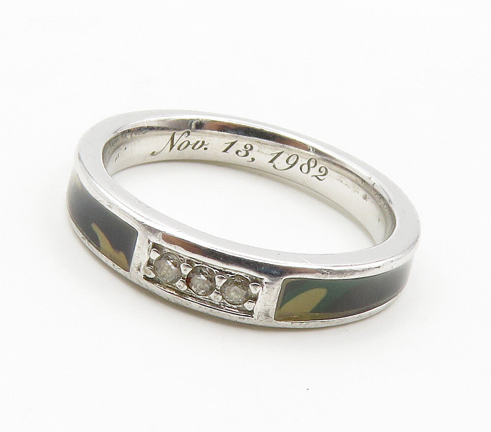 925 Sterling Silver  Topaz Accented Enamel Camouflage Band Ring Sz 7  RG15515