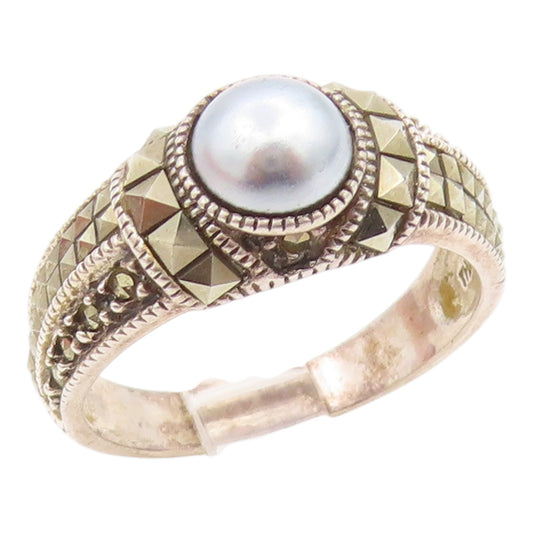 925 Sterling Silver Vintage Ring JUDITH JACK Pearl & Marcasite  Sz 9  RG35680