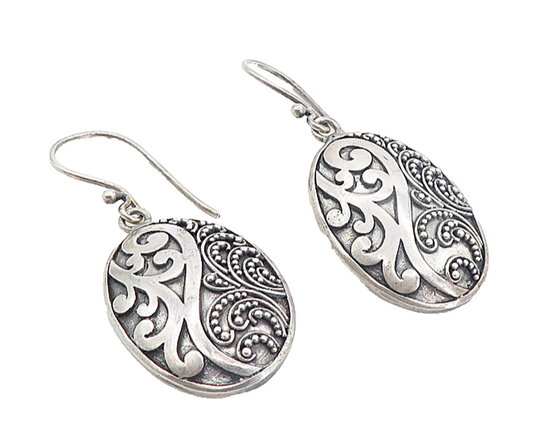 925 Sterling Silver  Vintage Dark Tone Swirl Dome Oval Dangle Earrings  EG3596