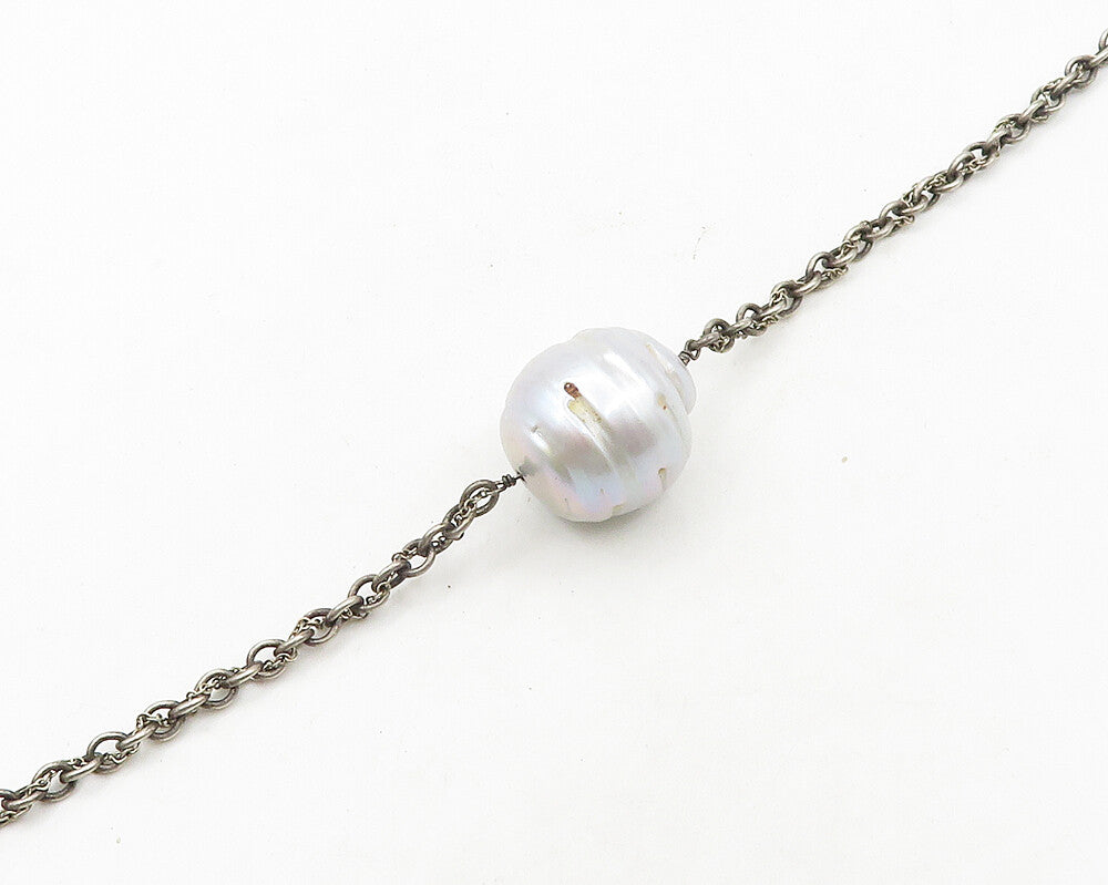 925 Silver  Vintage Genuine Diamonds & Baroque Pearls Chain Necklace  NE3218