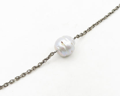 925 Silver  Vintage Genuine Diamonds & Baroque Pearls Chain Necklace  NE3218