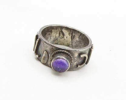 925 Sterling Silver  Vintage Cabochon Amethyst Oxidized Band Ring Sz 5 RG17994