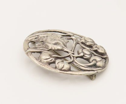 925 Silver  Vintage Antique Garden Bird & Cherries Cutout Brooch Pin  BP10204