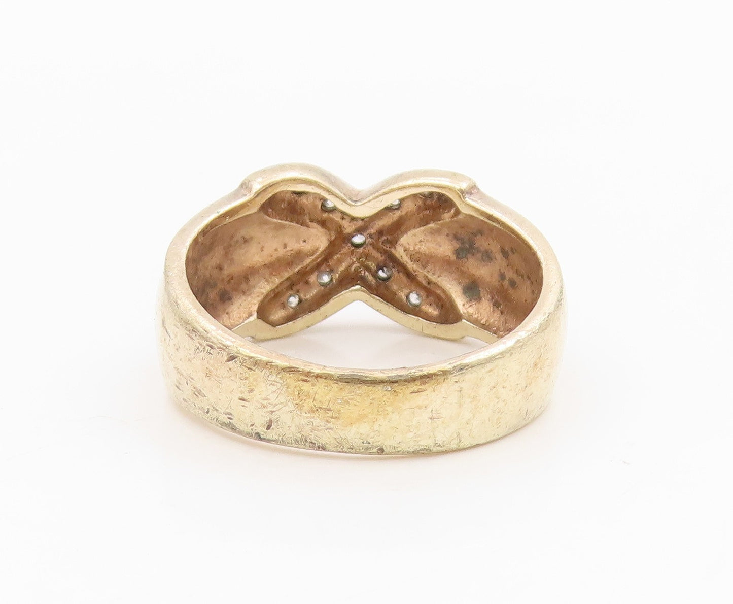 925 Sterling Silver Vintage Ring Two Tone Real Diamonds Crisscross Sz 7 RG34326
