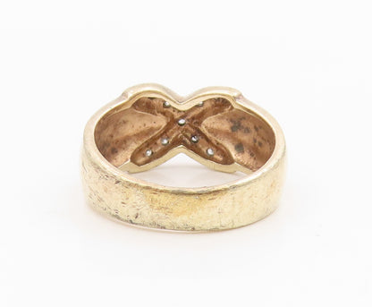 925 Sterling Silver Vintage Ring Two Tone Real Diamonds Crisscross Sz 7 RG34326
