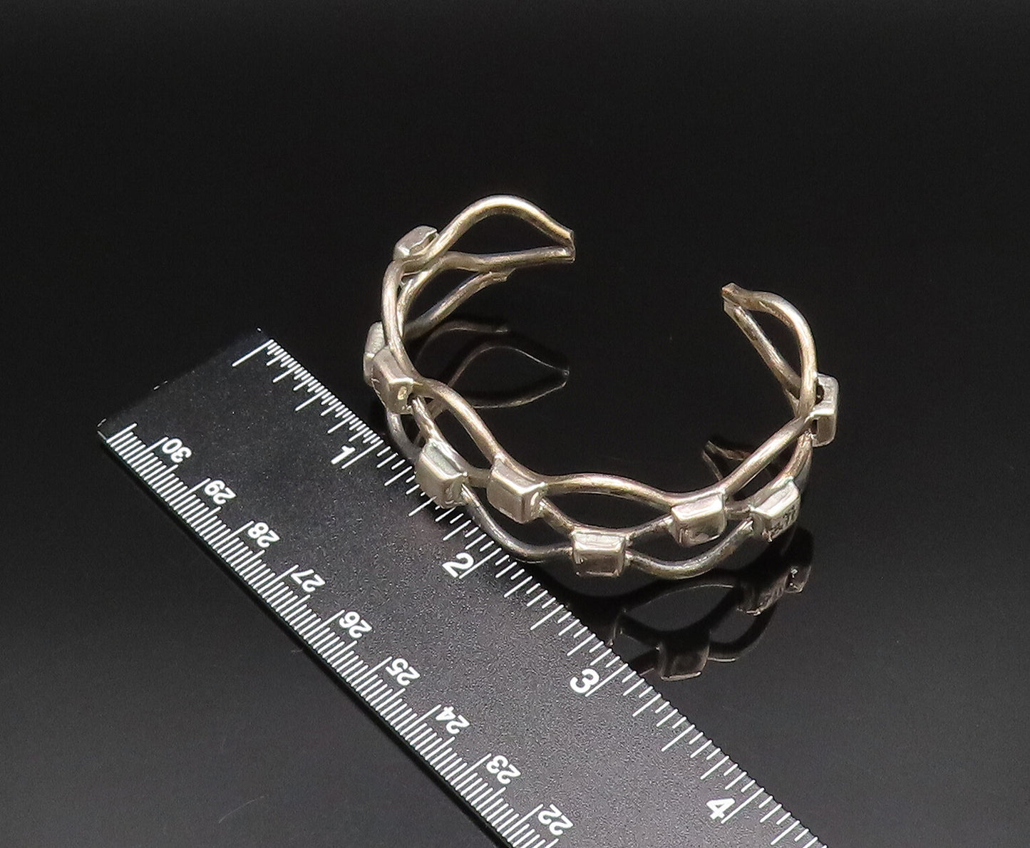 MEXICO 925 Silver  Vintage Wavy Open Square Pattern Cuff Bracelet  BT9579
