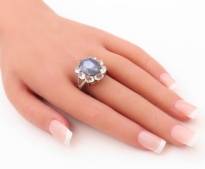 925 Sterling Silver Vintage Ring Sapphire & Topaz Inlay Flower  Sz 9  RG30670